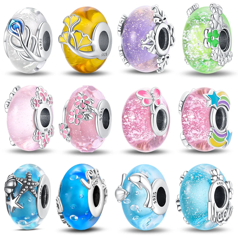 

925 Sterling Silver Blue Ocean Shell Pentagram Glazed Charm Beads for Brand 3mm Original Bracelet DIY Jewelry