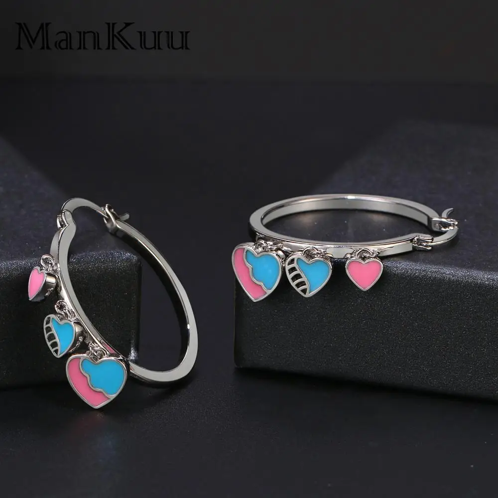 mankuu fashion jewelry 925 sterling silver enamel blue pink heart large circle charm dangle earrings for women girl gifts 2025