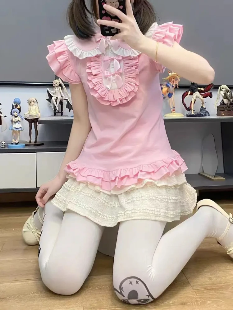 

Женские милые японские футболки Kawaii с короткими рукавами, летние модные тонкие лолита с бантом, лоскутные топы Y2K, милые готические тонкие футболки, новые