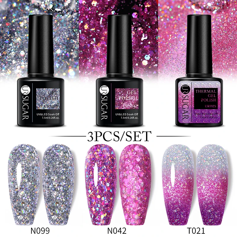 

UR SUGAR 3Pcs/Set Purple Glitter Thermal Gel Polish Kit Shining Semi Permanent Soak Off Vernis UV LED Gel Nail Art Manicure