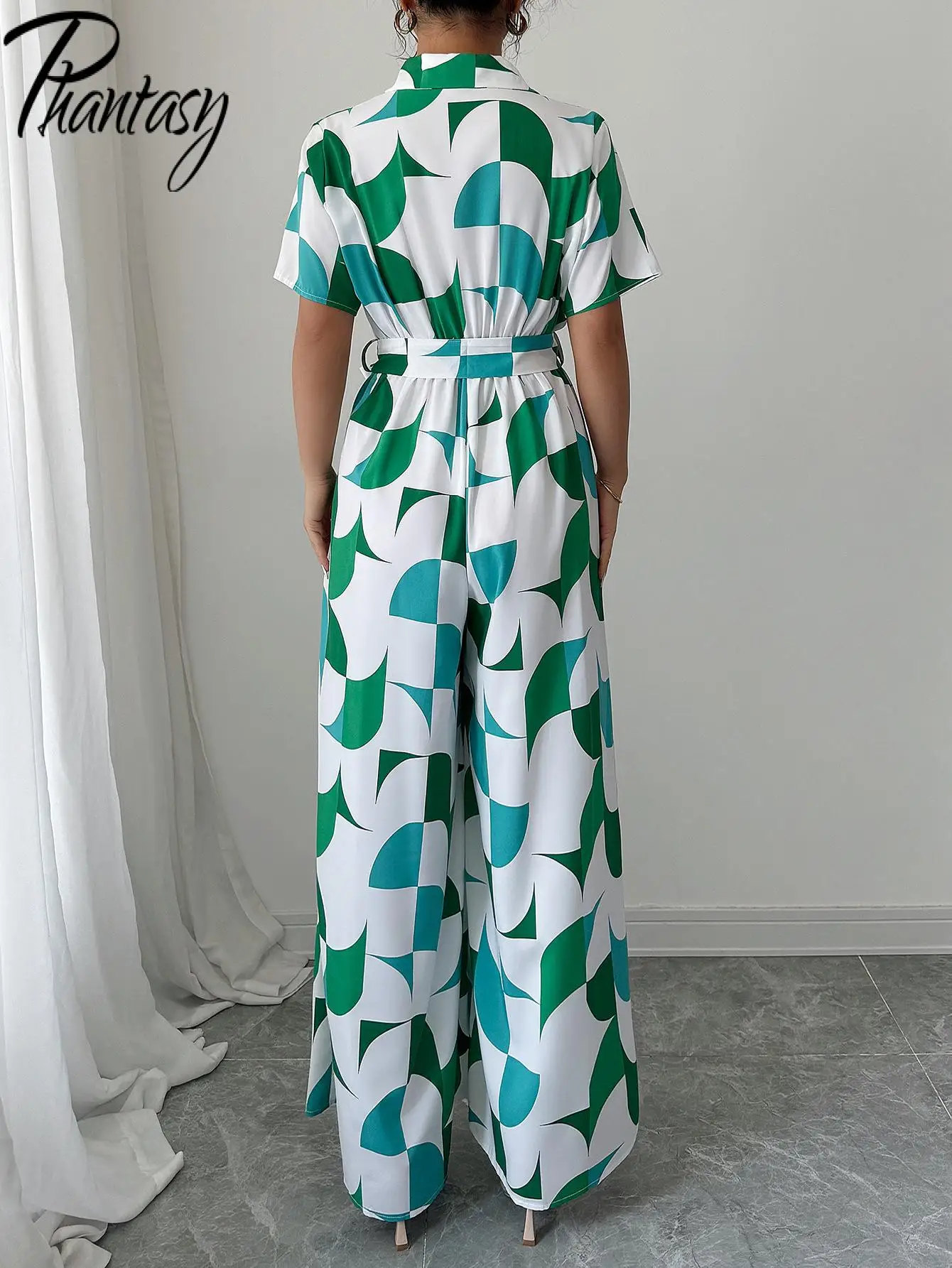 Fantasma elegante manga curta turn-down colarinho topos casual impressão de manga curta cintura alta perna larga macacão calças 2025 verão