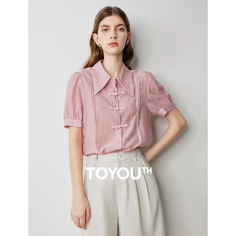 

TOYOUTH Shirt Women's 2024 Summer New Chinese Style Flip Collar Style Pan Button Lyocell Top