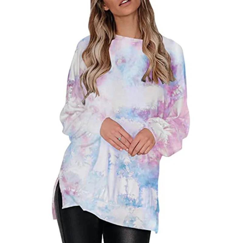 2024 European and American Women\'s Popular Tie Dye Gradient Round Neck Lantern Sleeve Side Split Off Shoulder Loose Hoodie