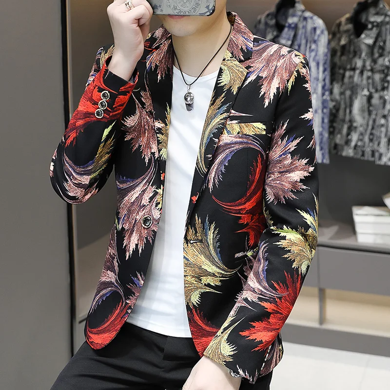 2024The New Men\'s Fashion Handsome Printed Suit Casual Korean Version of The Trend Banquet Stage  Blazers   Blazer Masculino