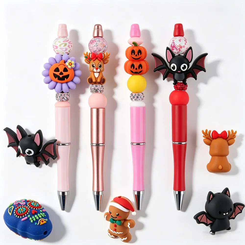 7pcs Colorful 3D Silicone Focus Beads Pumpkin Santa Claus Bat Snowman Stereoscopic Model For Jewelry Making DIY Accessories