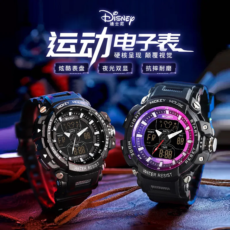 

Оригинальные наручные часы Disney с Микки Маусом, с большой циферблатом, для детей и студентов, водонепроницаемые спортивные электронные часы с будильником, модель 319