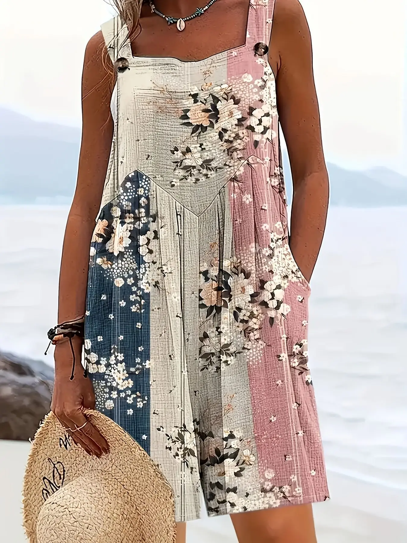 

Seaside loose beach print pocket suspender jumpsuit shorts fashionable casual 2025 summer new women's clothing