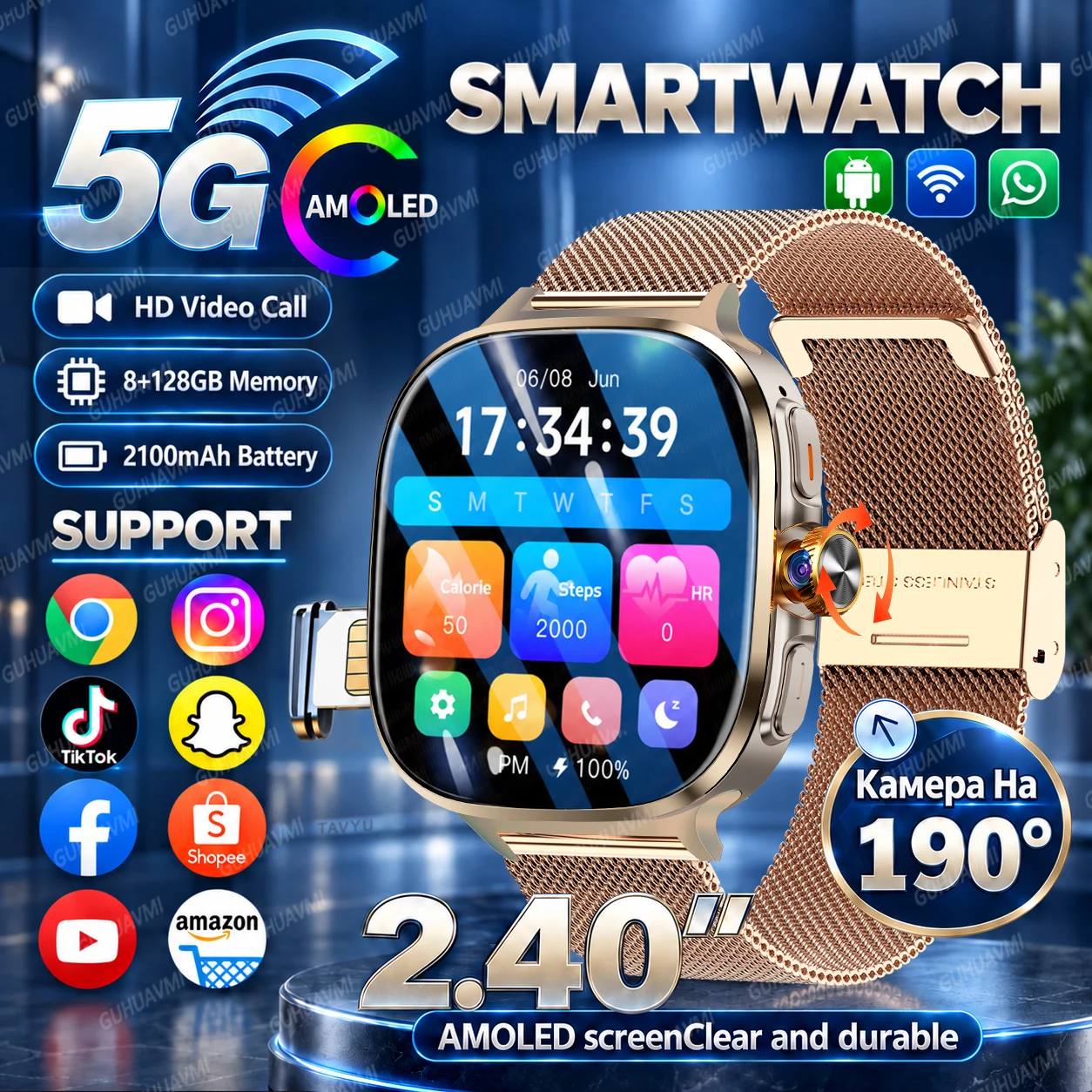 4G 5G Smart Watch Men 2.4' AMOLED Screen 190° Rotary Camera 8+128GB Android SIM Card Slot WiFi GPS 2100mAh Battery Smart Watches