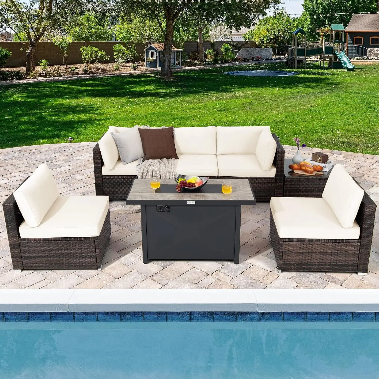 7 Piece Patio Set with Fire Pit Table, 42 Inch 60000 BTU Propane Fire Pit, Outdoor Cushioned Sectional Sofa 5 Person, Customized