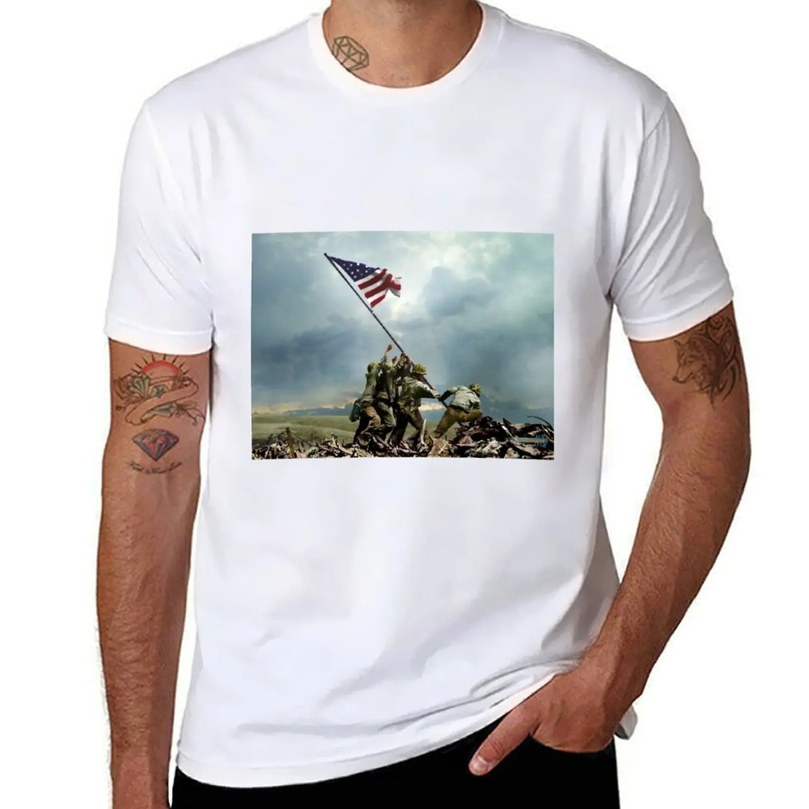 

US flag being raised by US Marines on Mt. Suribachi in Iwo Jima, colorized by Alex Lim from a photo by Joe Rosenthal, Fe T-Shirt
