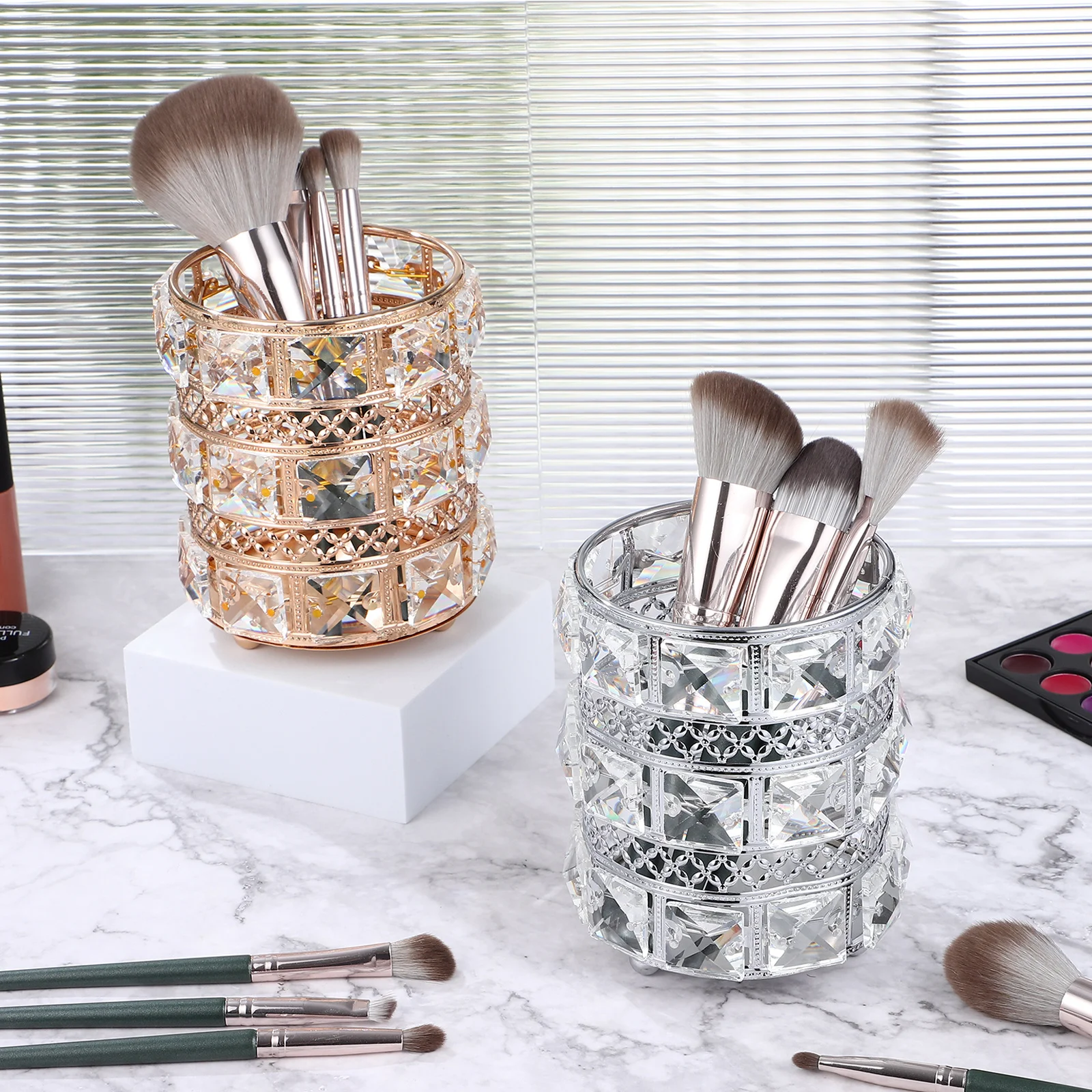 2 قطعة حامل فرشاة للمكياج الكريستال المنظم متعدد الوظائف تخزين القلم سطح المكتب ماكياج الغرور الحاويات حامل قلم #4