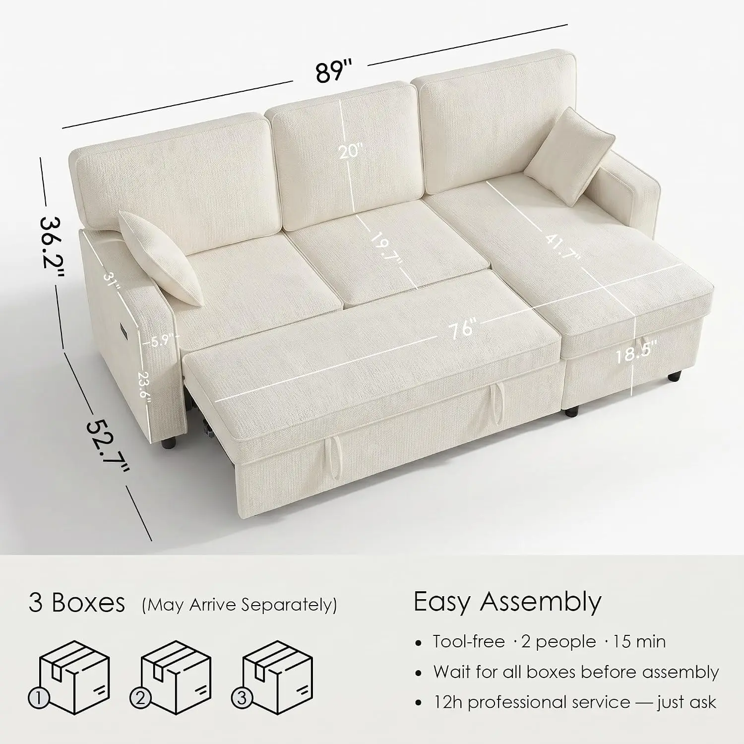 L Shaped Sleeper Sofa with Flip-Down Console & Charging Ports, Chenille 3 Seater Pull Out Bed for Living Room, Apartment, Custom