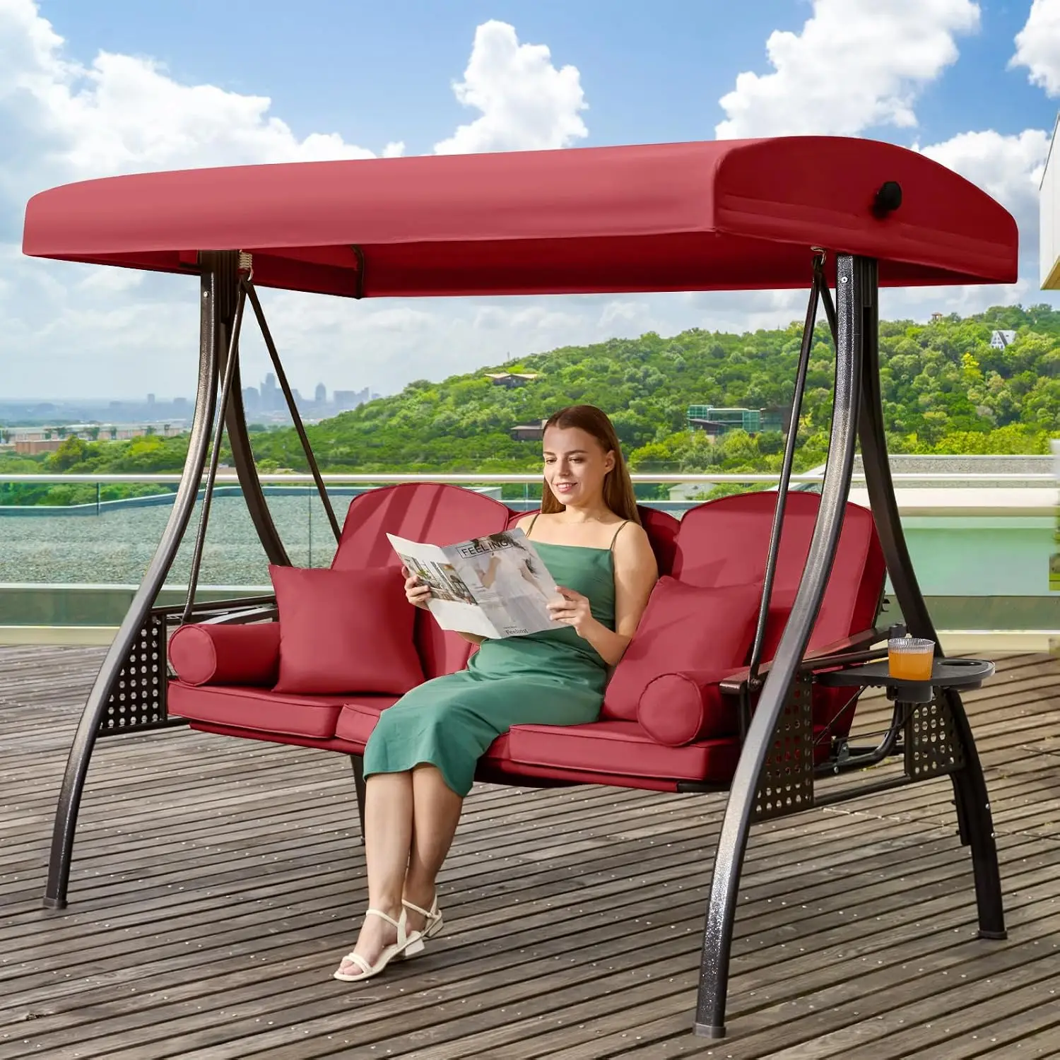 3 in 1 Outdoor Porch Swing with Adjustable Canopy, 3 Seat Outdoor Swing for Adults, Patio Swing Chair, Customized