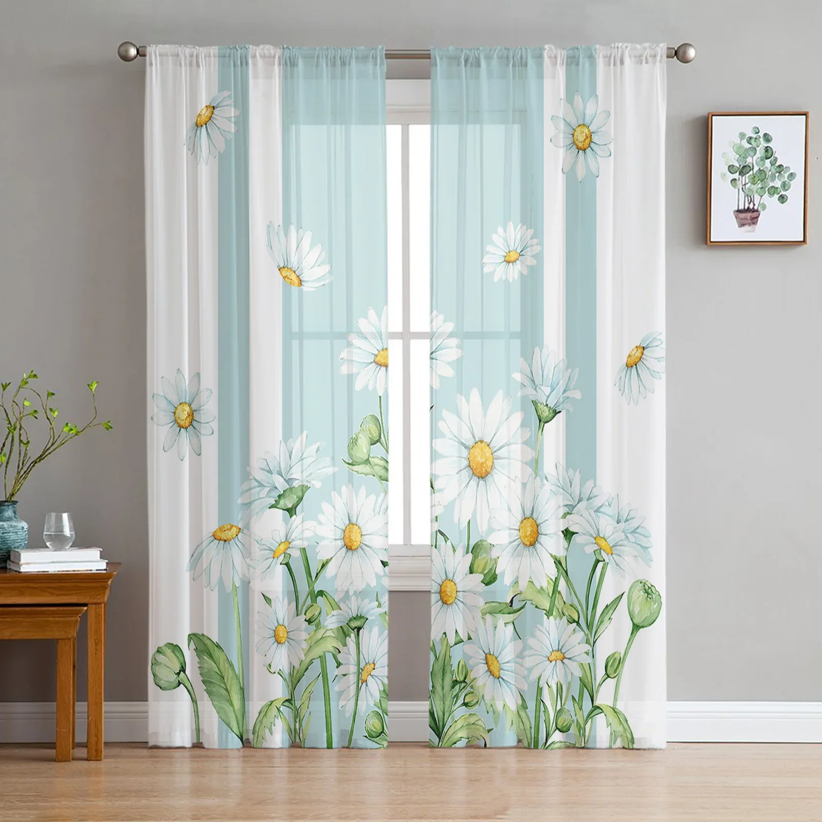 Flower Daisy Spring Summer Watercolor Chiffon Sheer Curtains For Living Room Bedroom Kitchen Decoration Window Tulle Curtain