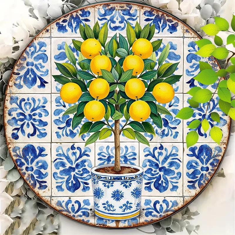 2D Flat, 1pc Mediterranean Vintage Citrus Tree Wall Plaque - Round Sign Suitable for Kitchen, Restaurant, Courtyard Decor