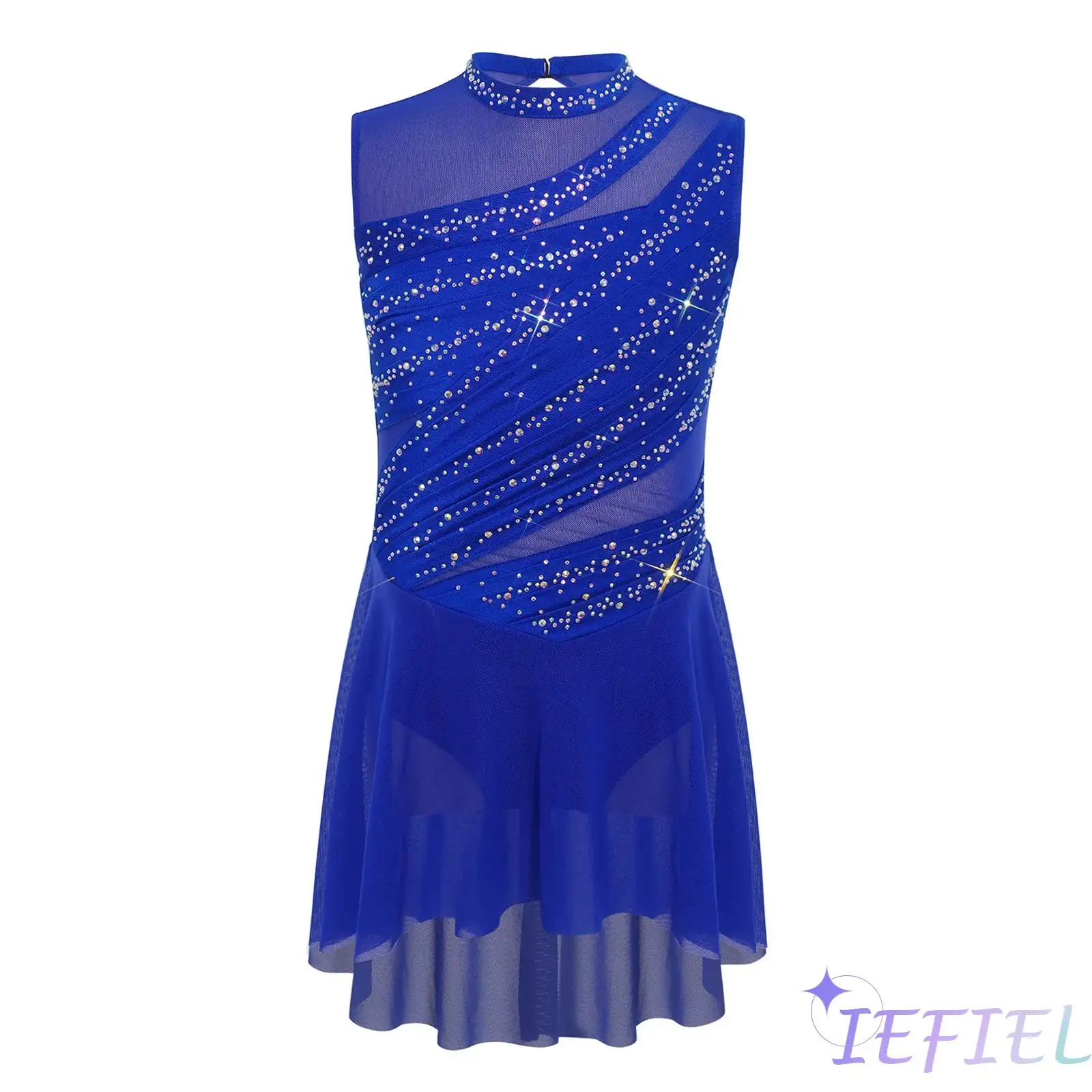 

Kids Girls Lyrical Ballet Dance Dress Sleeveless Sheer Mesh Patchwork Shiny Rhinestone Leotard Dress for Latin Jazz Dance Show