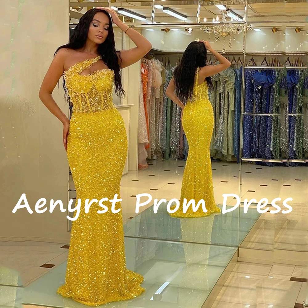 Aenyrst-vestido de noche con lentejuelas doradas brillantes para mujer, traje de graduación de un hombro, sirena, Espalda descubierta, largo hasta el suelo, fiesta de cena