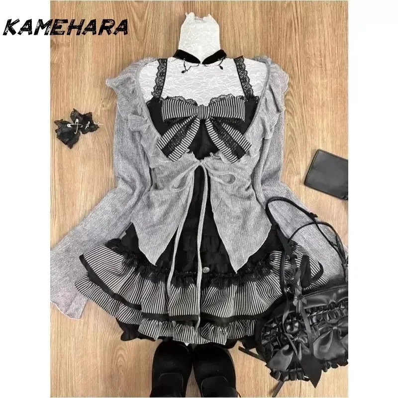 KAMEHARA Shibuya Street Retro Lolita Set Lace Lotus Leaf Tees E-girl Gothic Slimming Cake Splicing High Waist Skirt 3 Piece Sets