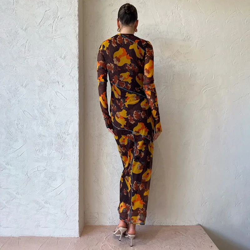 Nuevo estilo impreso transparente para mujer moda Sexy manga larga Floral francés Split Maxi vestido