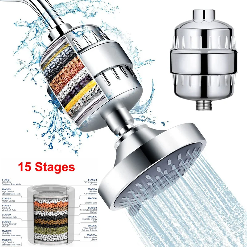 15 Stages Shower Water Filter Remove Chlorine Heavy Metals Filtered Showers Head Soften for Hard Water Bath Filtration Purifier