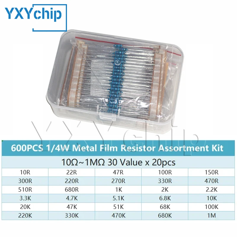 

Металлические пленочные резисторы 600, сопротивление 1/4 Вт, сквозное отверстие, набор для самостоятельной сборки, электронный комплект, 30 значений * 20 шт., 1% Вт, набор резисторов 10 Ом ~ 1 м, 0,25 шт.