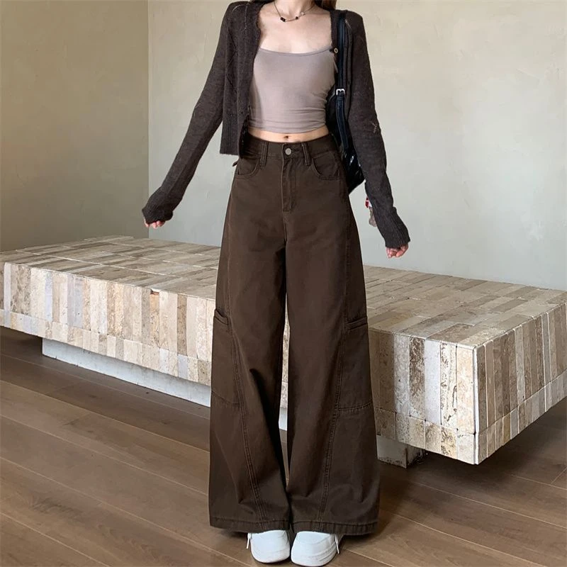 ZHISILAO جينز بني جديد بأرجل واسعة للنساء عتيق Y2k سروال دينم فضفاض غير رسمي ملابس خروج لخريف وشتاء 2025