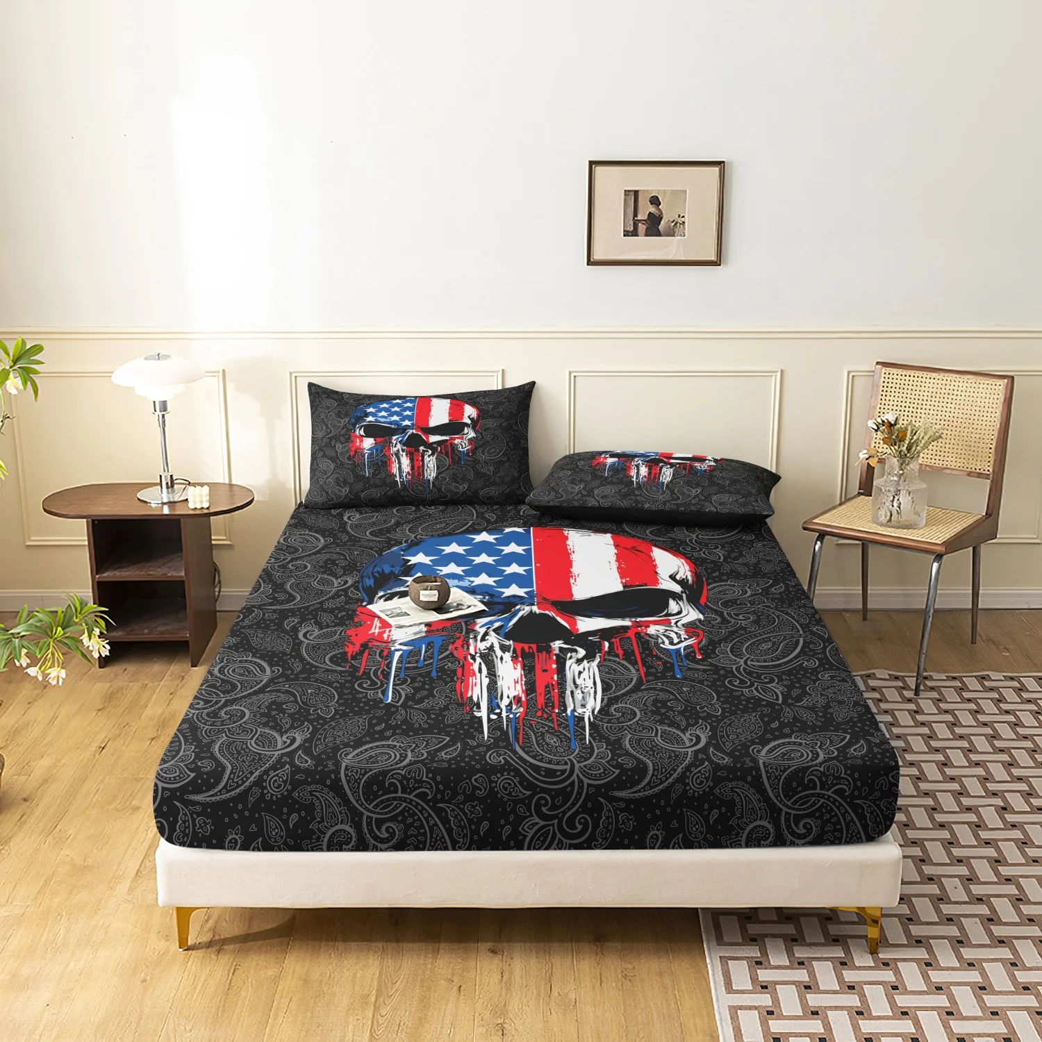 3Pcs Patriotic USA Flag Skull Paint Fitted Sheet Set, Black  Grey Paisley Drip Paint American Skeleton Printed Bedding
