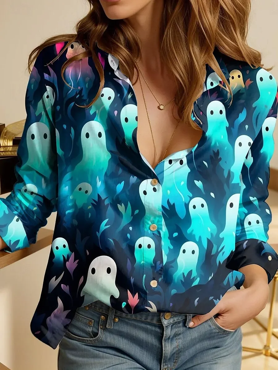 

Женская рубашка на Хэллоуин с графическим рисунком, активная винтажная милая рубашка с длинными рукавами, топы с принтом летучей мыши и пуговицами, свободные повседневные рубашки на Хэллоуин