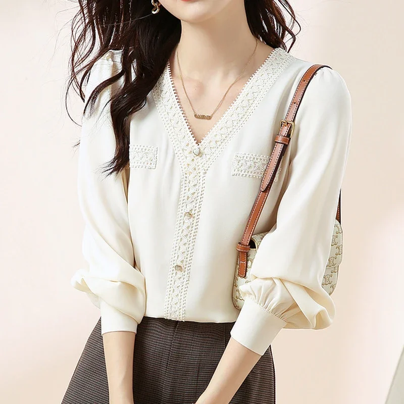 

Elegant Office Lady Long Sleeve Woman Shirt Casual Chic Chiffon Blouse Hollow V-Neck Tops Spring Autumn Female Clothing 24010