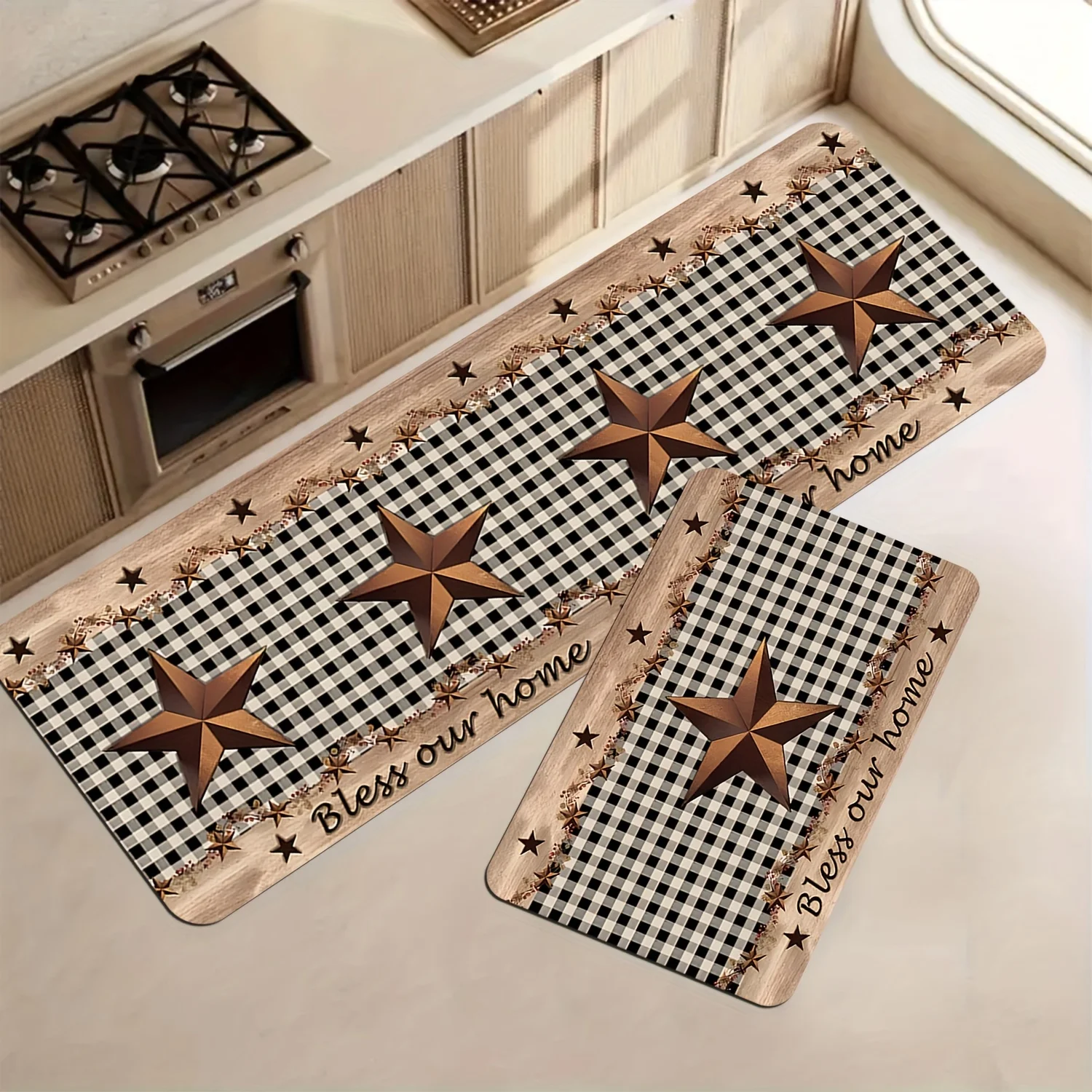 

Комплект из 2 кухонных ковриков Farmhouse Star Berry Black Buffalo Check, нескользящие, моющиеся, в ретро-клетку, придверные коврики, напольные коврики для дома, декор