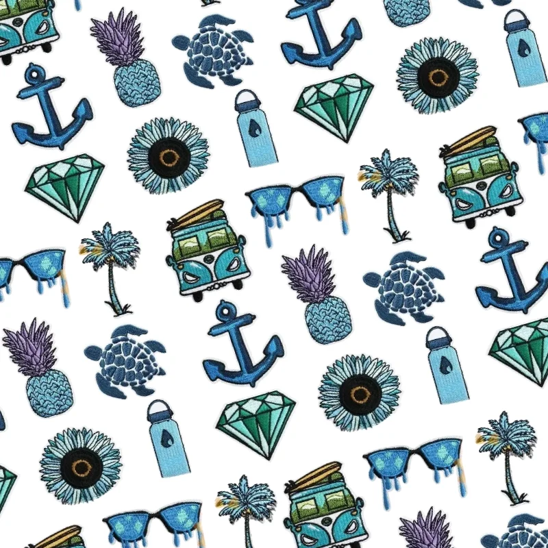 

Blue Theme Embroidery sunglass Turtle Fusible Applique Badge Bag Decoration Stripes Ironing Sewing on Clothes DIY for Clothing