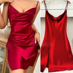 Summer Female Nightgown Chemise Sleepwear Sexy Split Mini Suspender Nightdress Nightwear Loose Silk Satin Home Dressing Gown