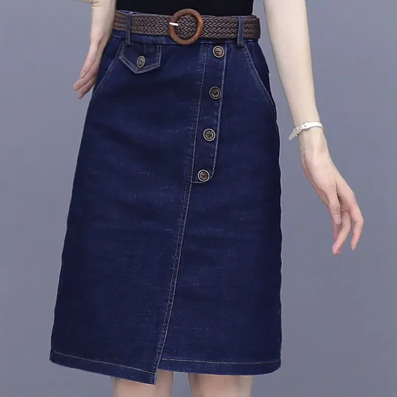 

To Knees Length Woman Denim Skirt with Slit Blue Pocket Midi Chubby Jeans Skirts for Women Luxury Elegant Cheap Harajuku Premium