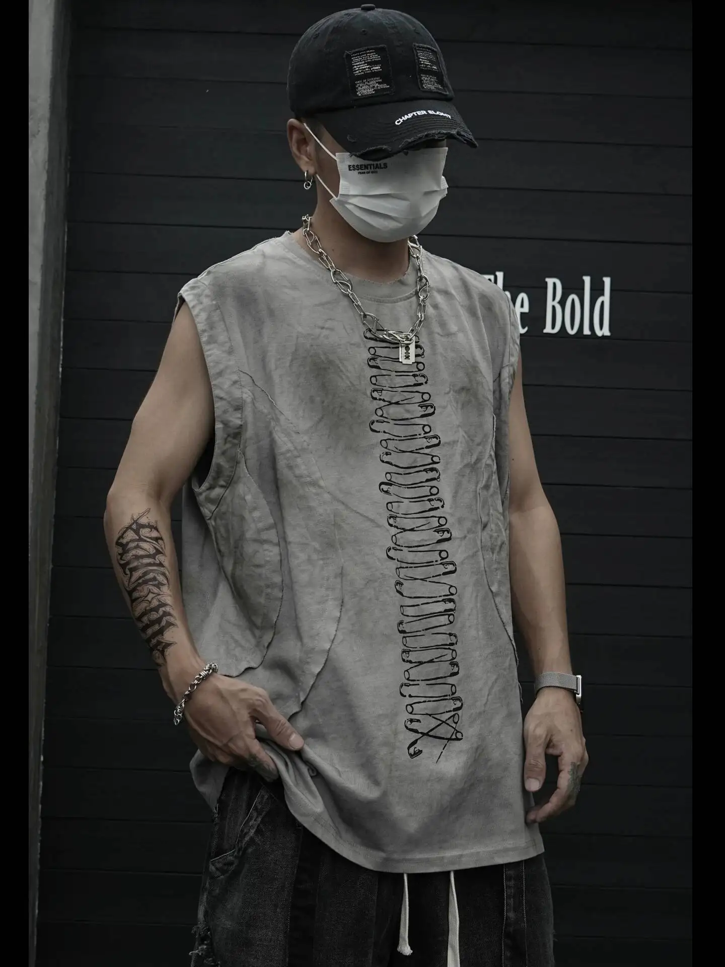 American Tie Dye Distressed Gray Cotton Sleeveless Tank Top Patch Raw Edge Print Design High Street