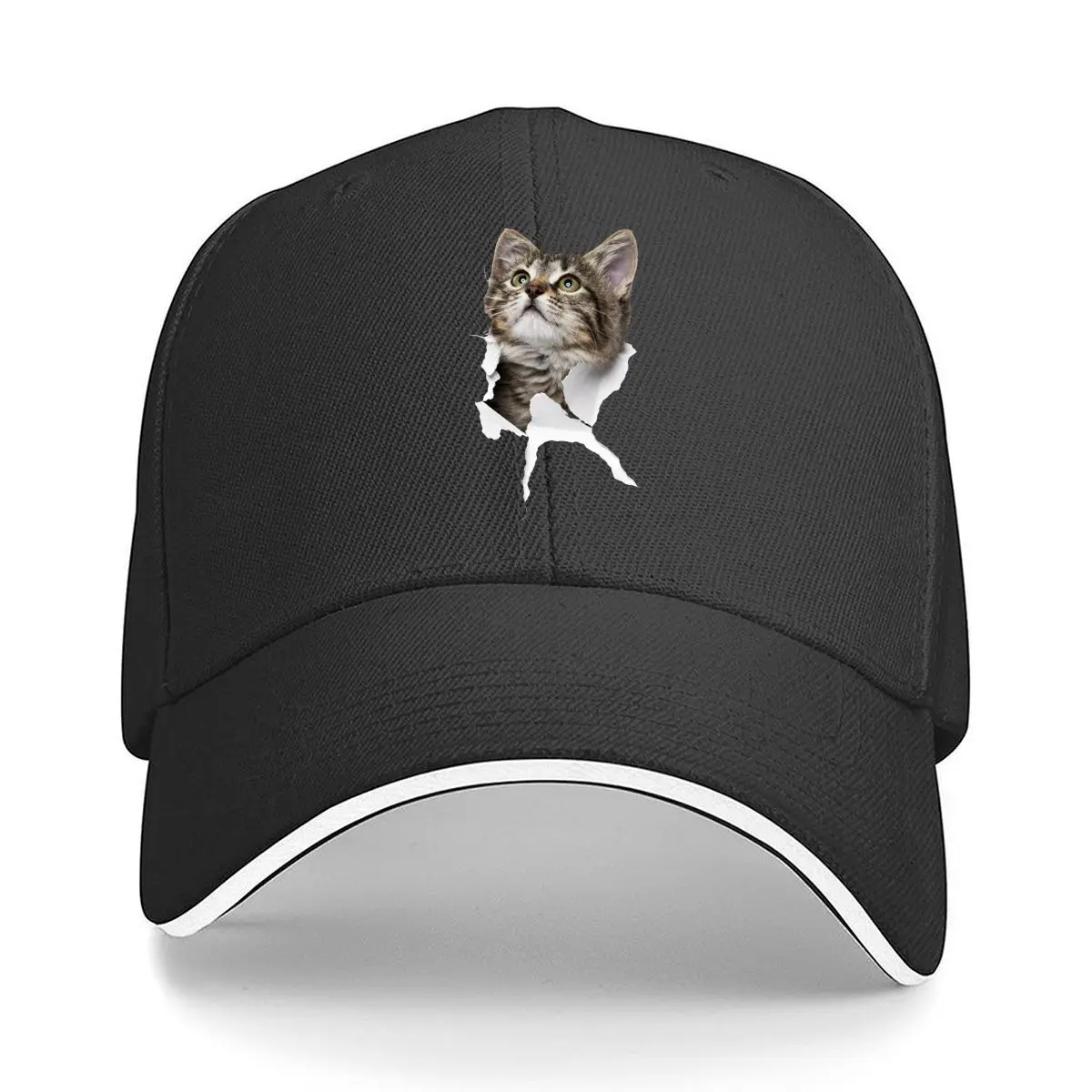 Cute Tabby Cat Peeking Through Torn Paper Graphic Hip Hop hat Fashion Outdoor Sports Sandwich Baseball Cap