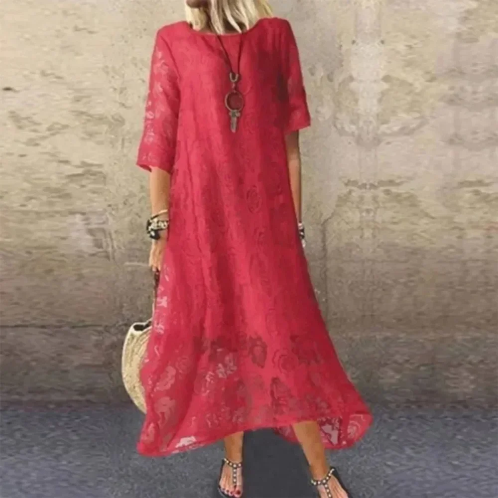 Women\'s Plus Size 1XL-5XL Summer Round Neck Short Sleeve Lace Long Dress Vintage Handmade Hollow Out Flower Dresses