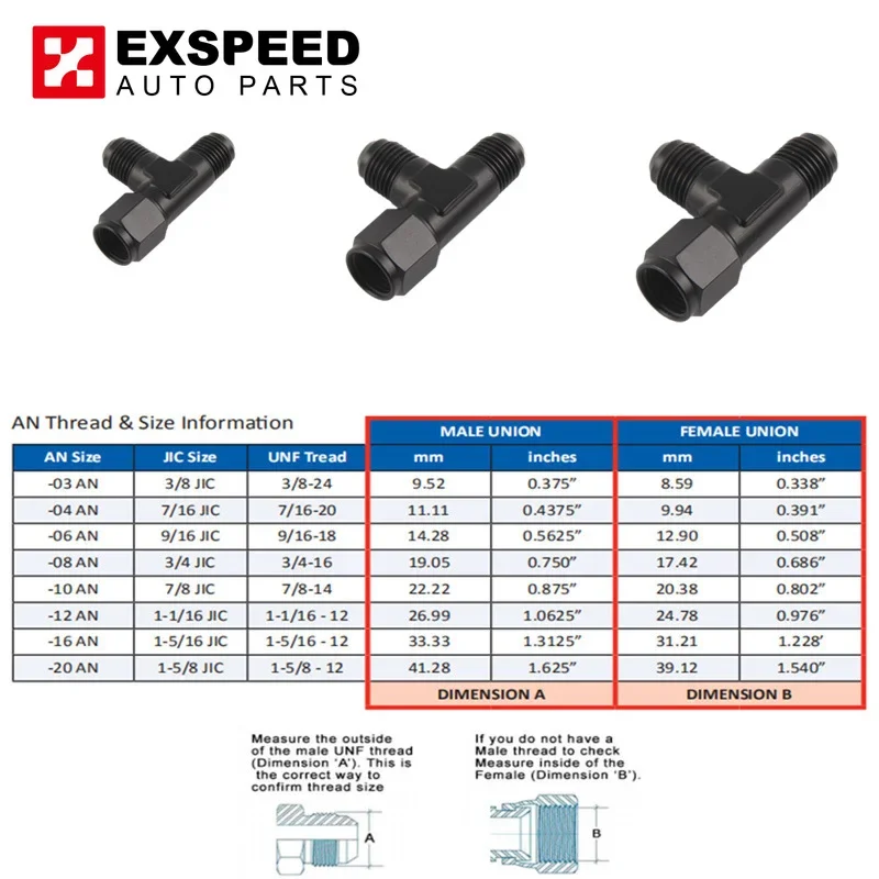 Raccord en T évasé en aluminium AN6 AN8 AN10 mâle avec 6 8 10 AN femelle, adaptateur latéral noir