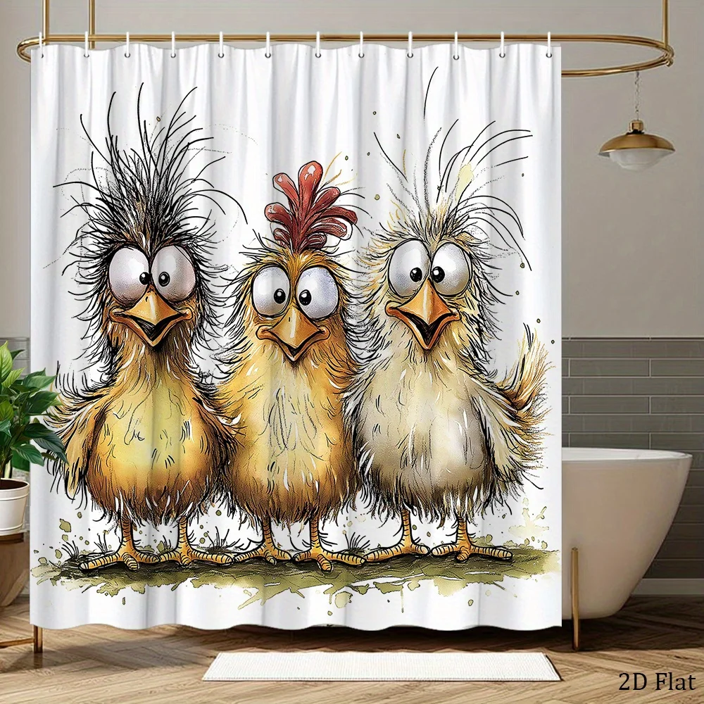 1pc Funny Chicken Shower Curtain with 3 Anthropomorphic Birds Design, Oversized Expressive Eyes & Fluffy Feathers - Durable Poly