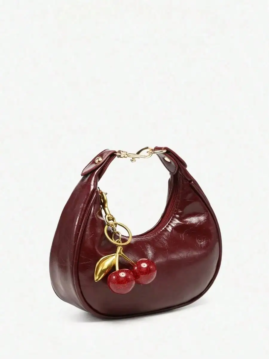 1pc New Fall Fashion Crescent-Shaped Armpit Bag, Cute Cherry Decor, Vintage Style Underarm Pouch, Suitable For Various Occasions