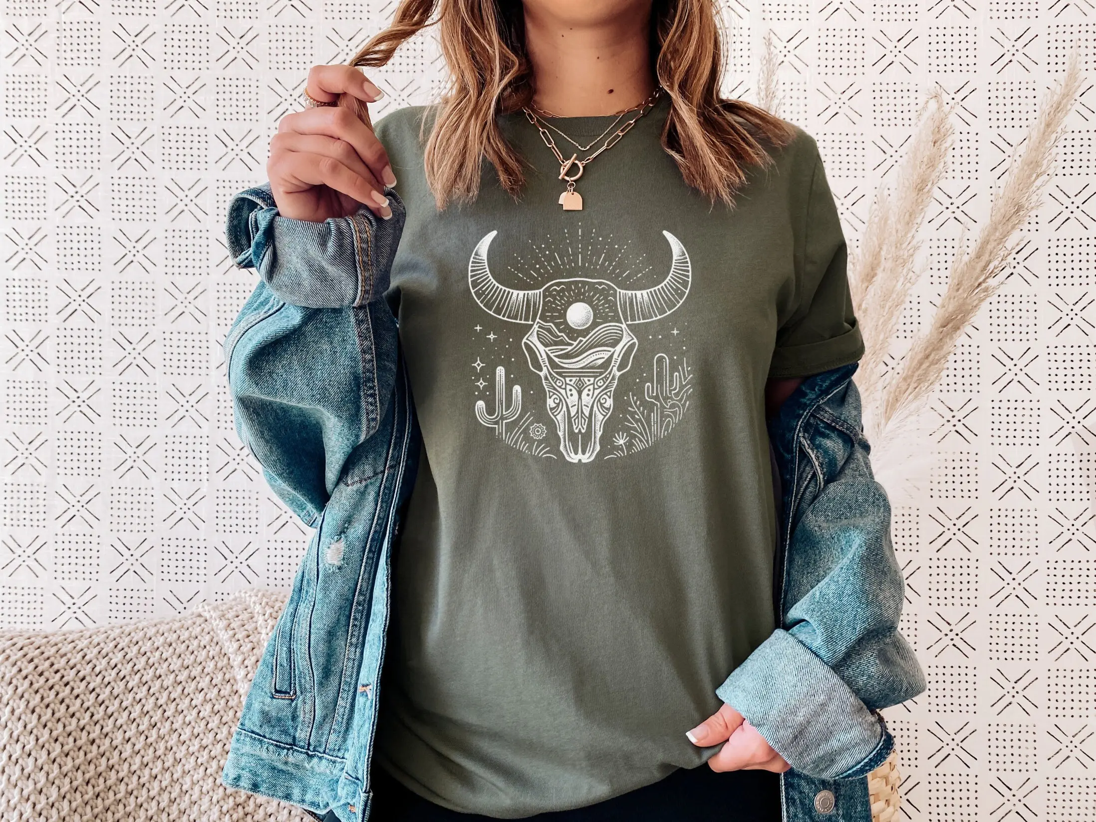 Camiseta de caveira de vaca chifres de touro algodão boho longorn ocidental texans vestuário