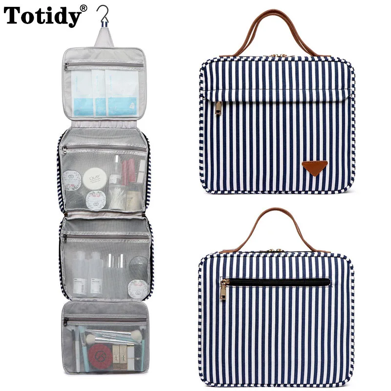 

Portable Folding Cosmetic Storage Toilet Bags Striped Toiletry Bag Hanging Hook Large Capacity Makeup Organizer Waterproof Pouch
