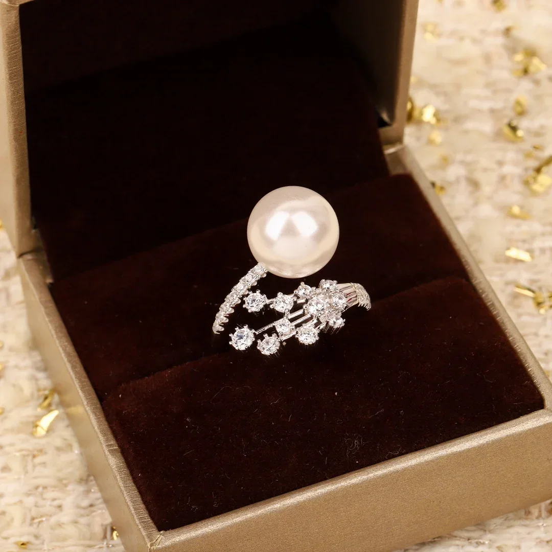 

Top Quality Fine Jewelry 925 Silver Big Pearl Crystal Ring Woman Exquisite Gift Trend