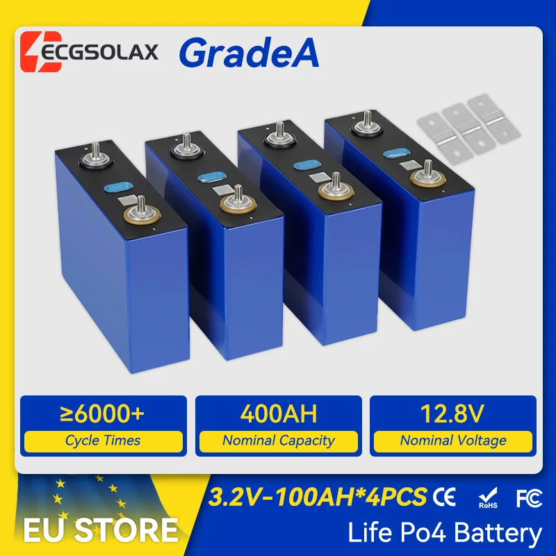 Image of Ecgsolax 100Ah 12V Lithium-Batterie 4 Stück Klasse A 4000+ Tiefzyklus 3,2V LiFePO4-Batteriezellen für Auto, Boot, Wohnmobil, Heim-Energiespeichersystem