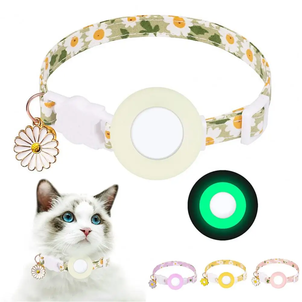 

Airtag Cat Collar Anti-Lost Cat Collar Waterproof Floral Print Cat Dog Neck Circle with Silicone Locator Holder for Airtag