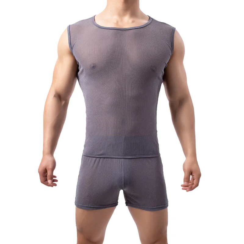 

Мужской комплект нижнего белья, прозрачное сетчатое нижнее белье, летняя полая дышащая удобная сексуальная мужская одежда для сна, борцовская майка