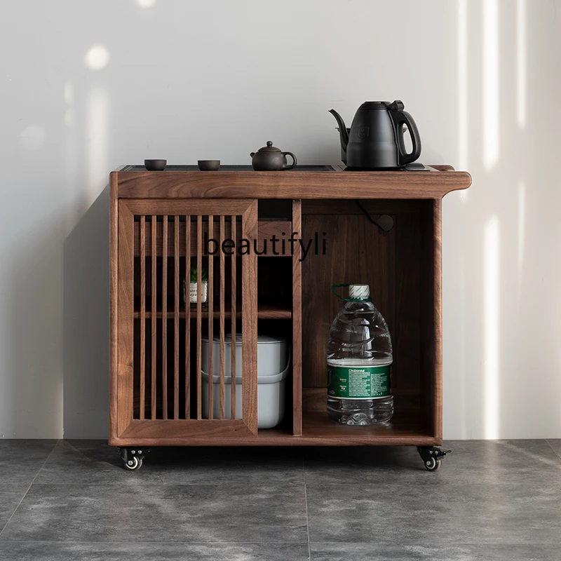 Black walnut solid wood mobile tea cabinet, household, integrated side tea room storage integrated boiling water cabinet