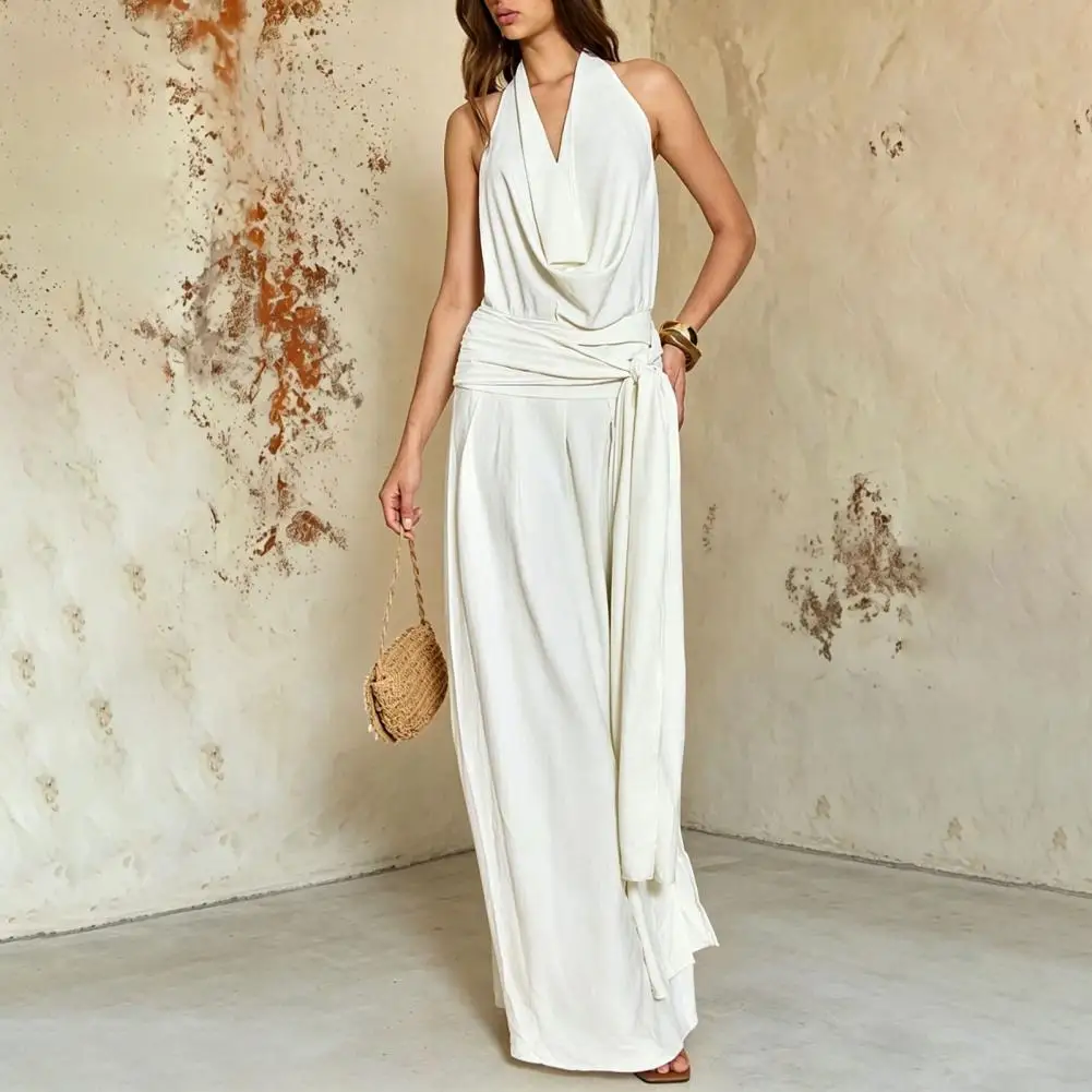 

Sleeveless Jumpsuit for Women, Halter Cowl Neck Backless Wide Leg Rompers, Tie Waist Sexy Summer Outfits Vacation Beach Dress