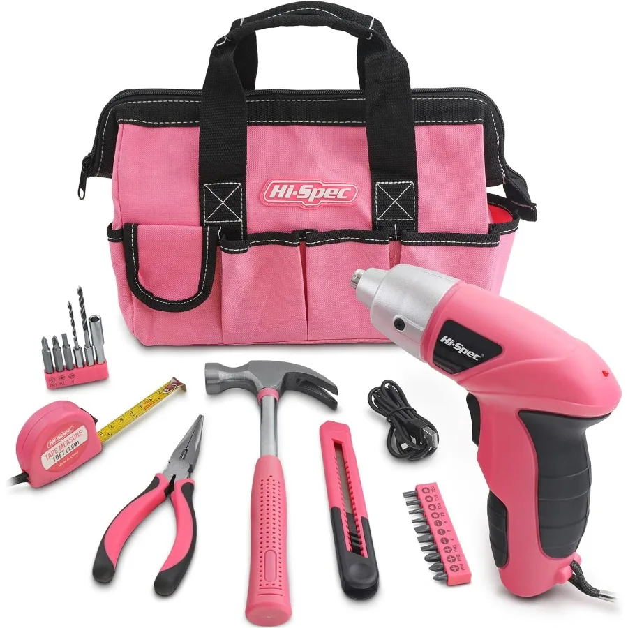 Hi-Spec 21-Piece Pink Tool Set with 3.6V USB Electric Power Screwdriver Tools for Women Ladies with Portable Bag