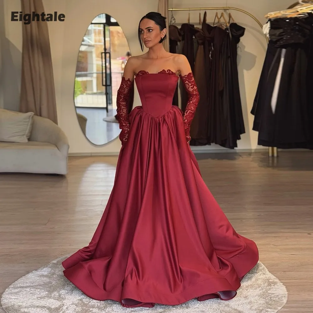 

Eightale Arabic Evening Dress Sweetheart Customized Appliques Lace Long Sleeves A-Line Burgundy Prom Wedding Party Gowns