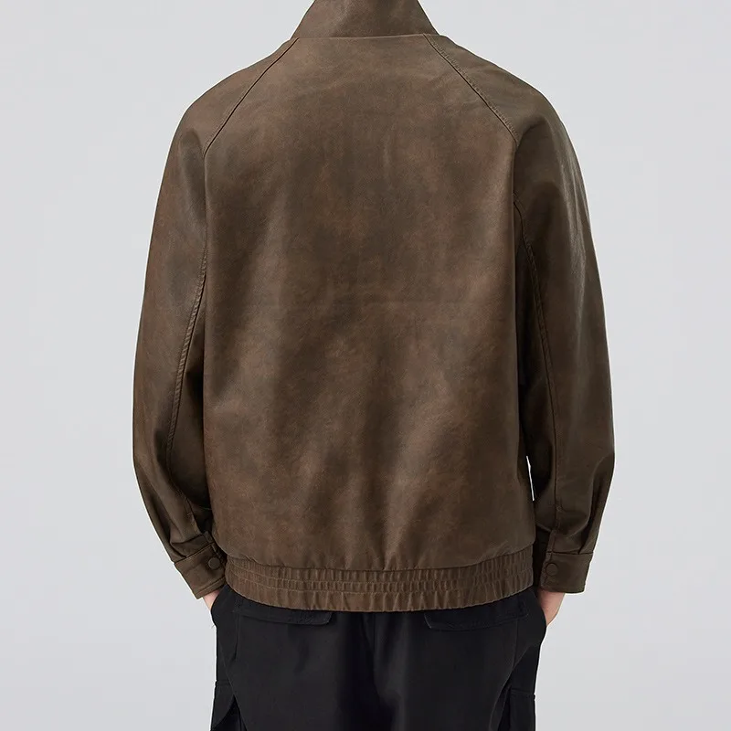 Men's Jackets,Autumn New Stand-up Collar Retro Locomotive Leather Jacket Trendy Jacket Men's New Casual Coat Leather Jacket Coat